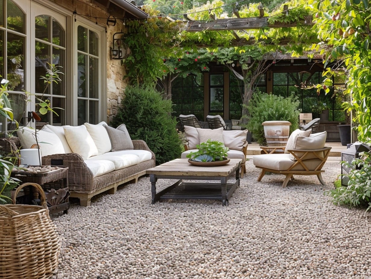 an open patio with gravel flooring and furniture