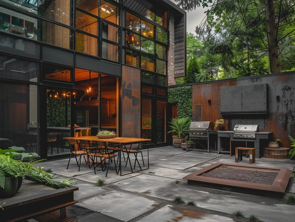 an outdoor industrial style patio made using stone, metal and wood