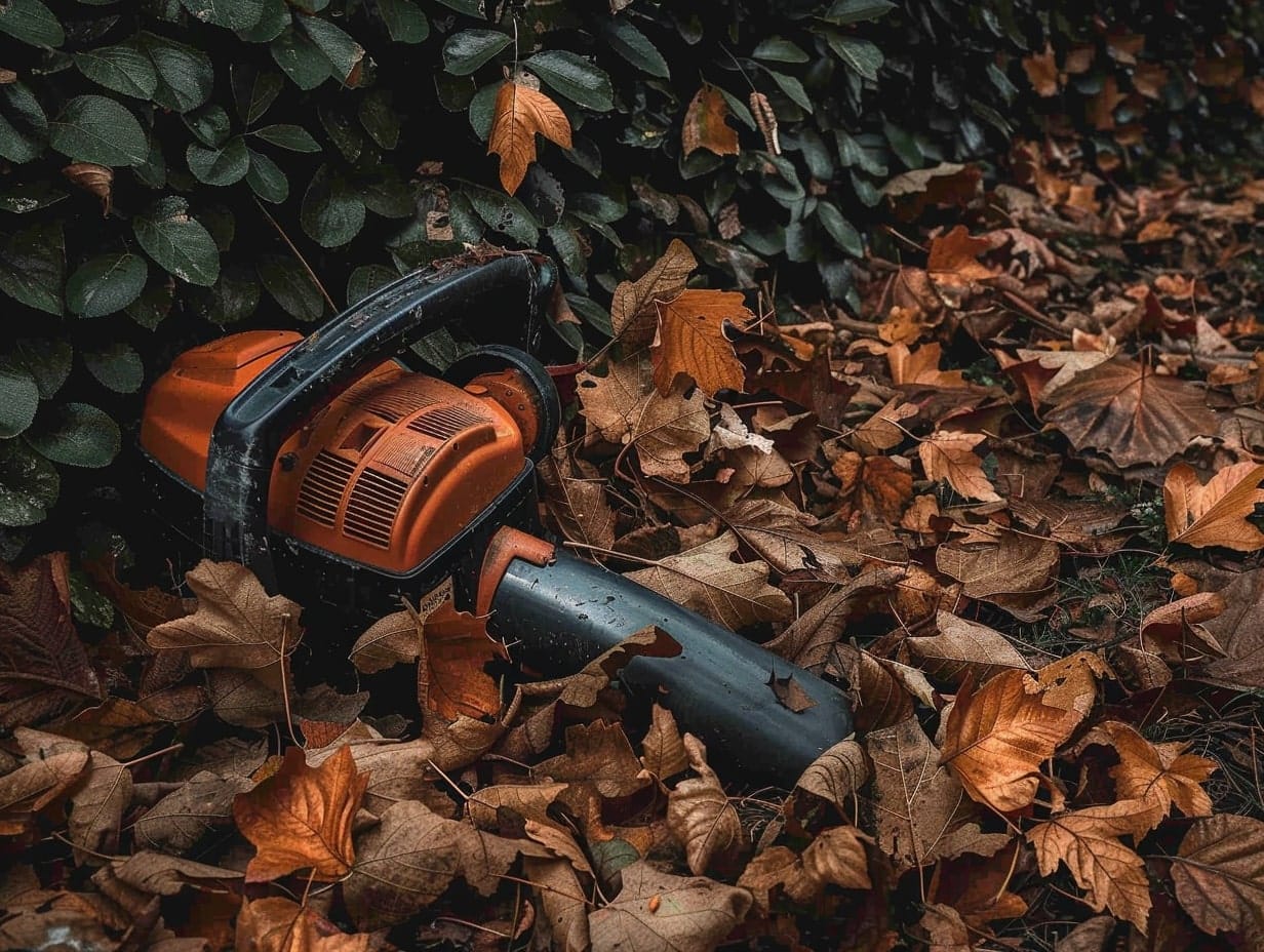 a leaf blower in a backyard garden