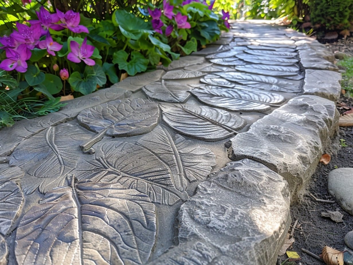 Yard with Leaf-Imprinted Concrete pathway