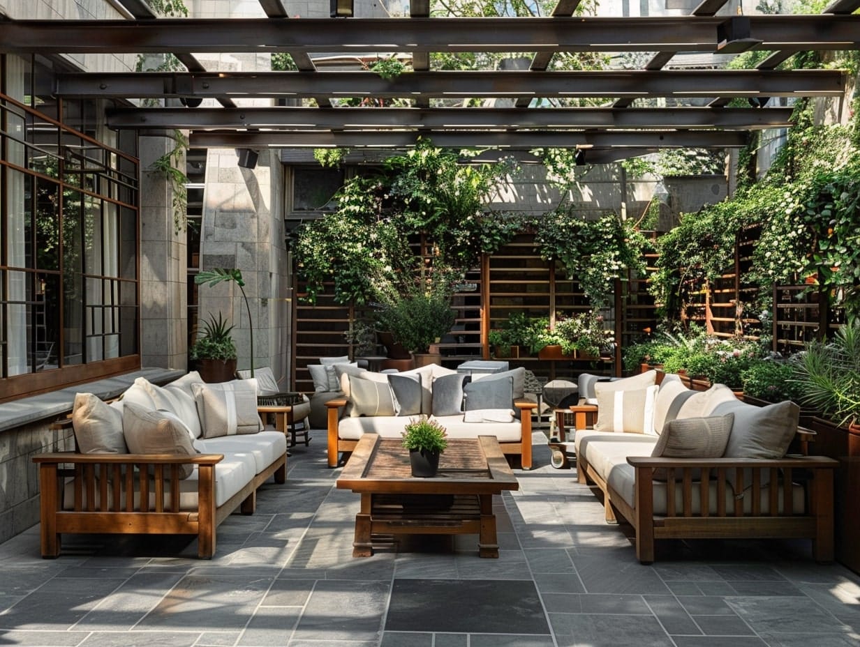 an open outdoor patio with a lounge area