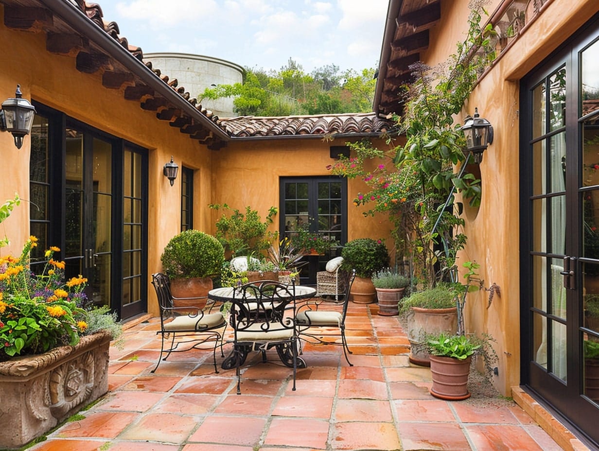 a mediterranean style patio with wrought iron furniture