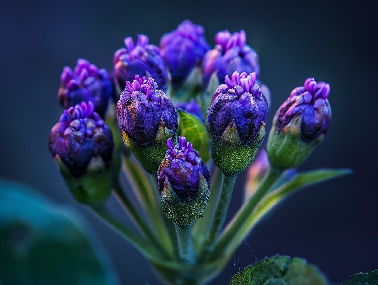 heliotrope plants with closed buds in the night