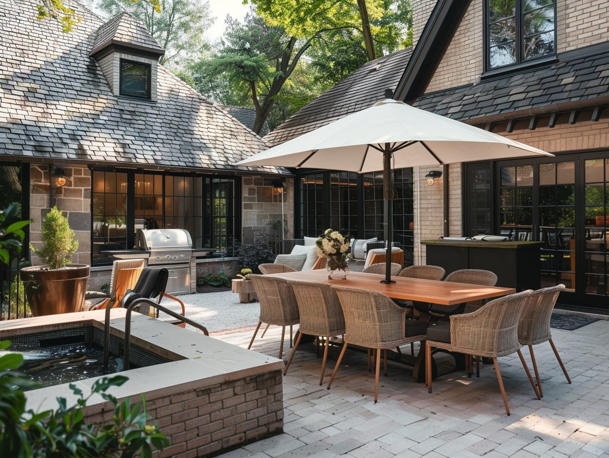 a backyard patio with an open outdoor dining area