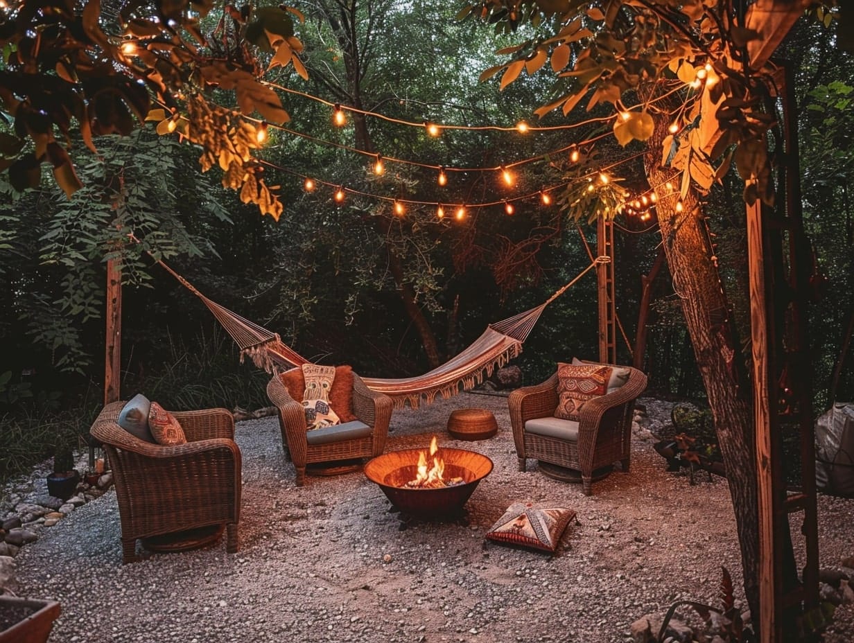 cozy patio with a hammock and furniture