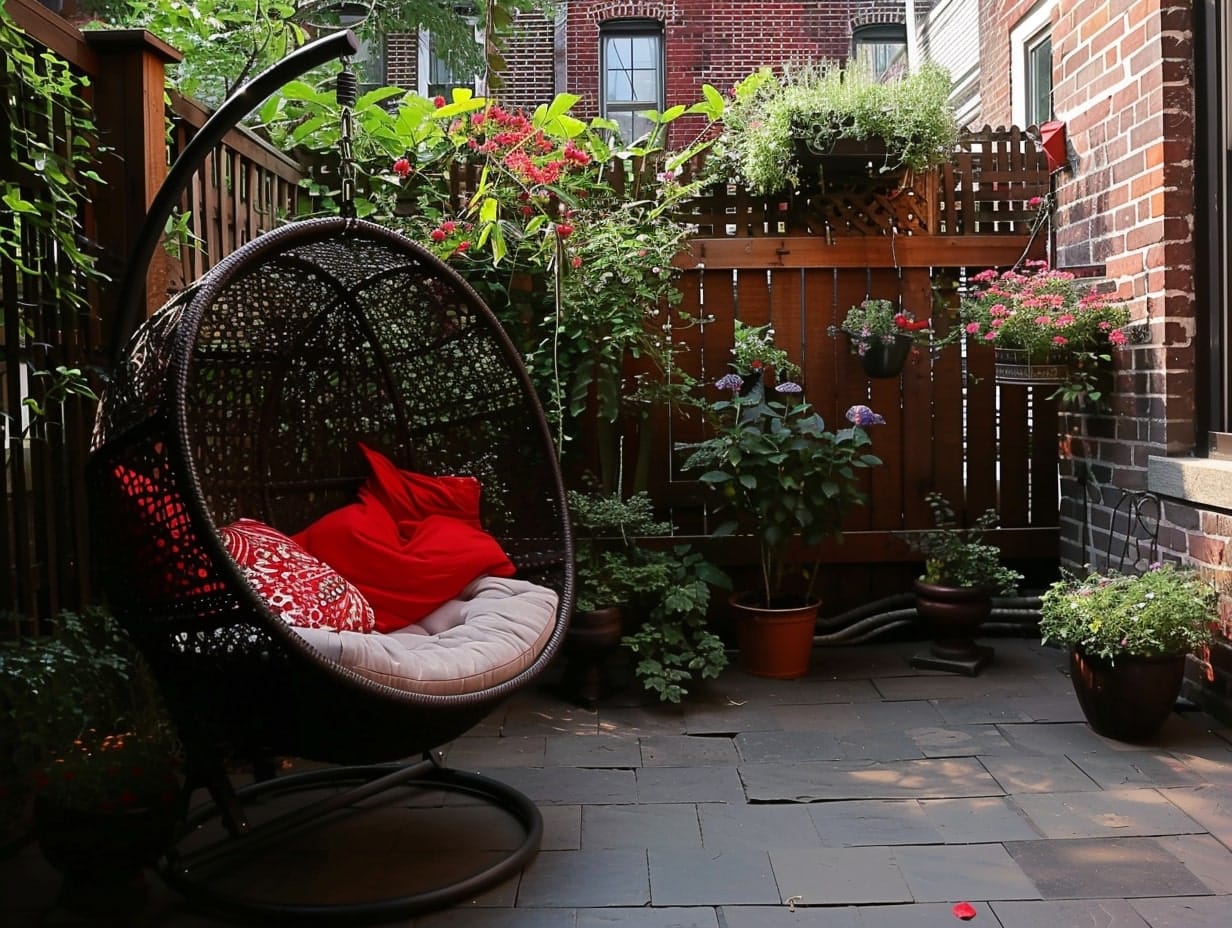 small backyard patio with hanging chair