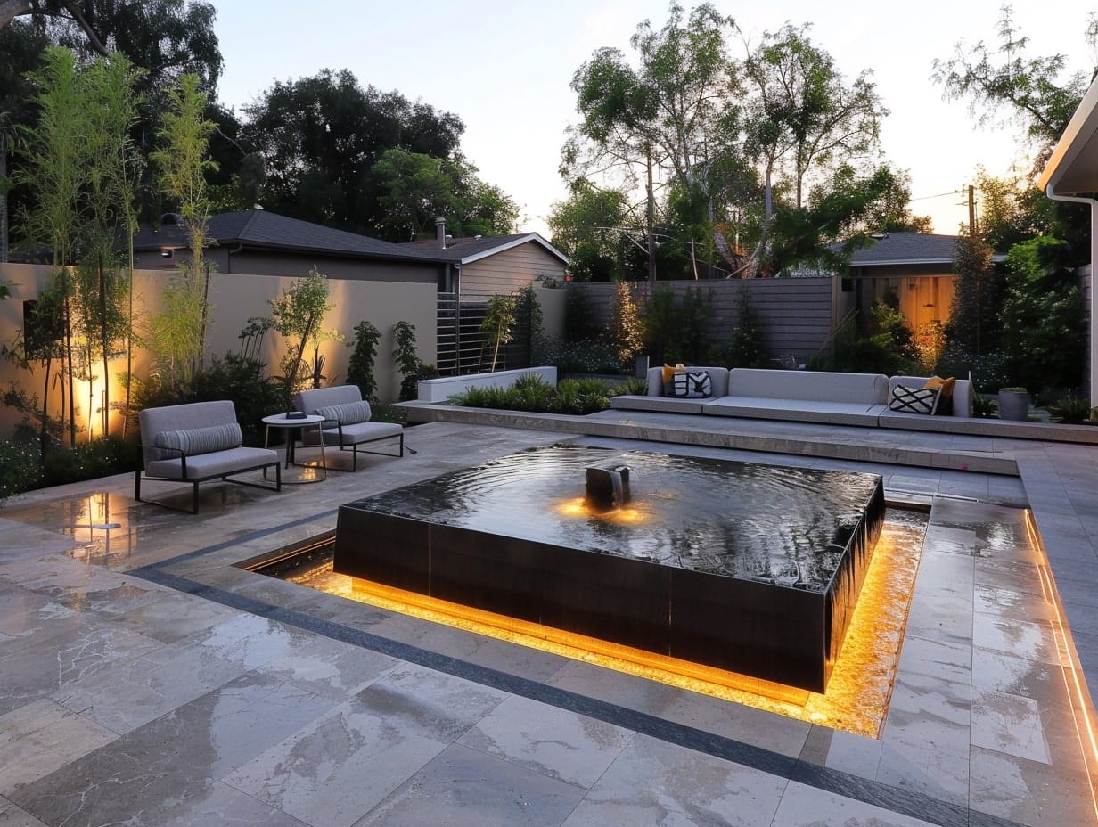 Modern patio with a water feature