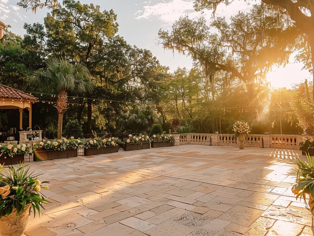 outdoor wedding dance floor made of stone pavers