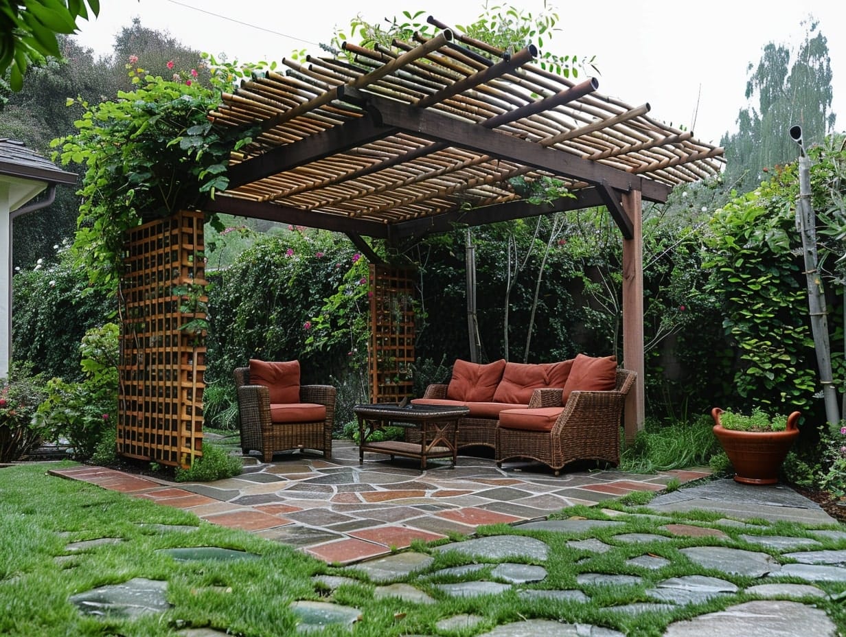 pergola with a bamboo covering in a patio