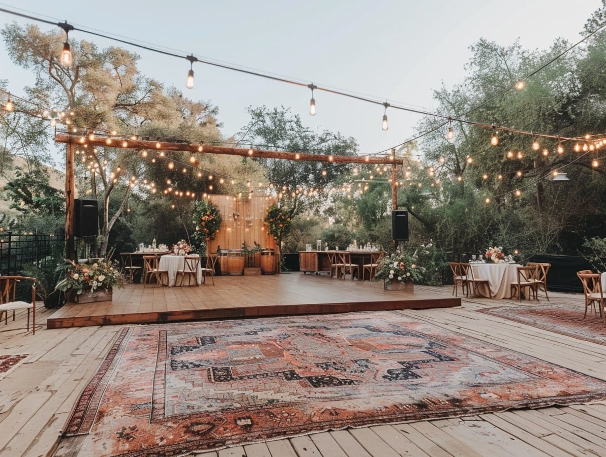 outdoor wedding dance floor covered with plywood and rugs