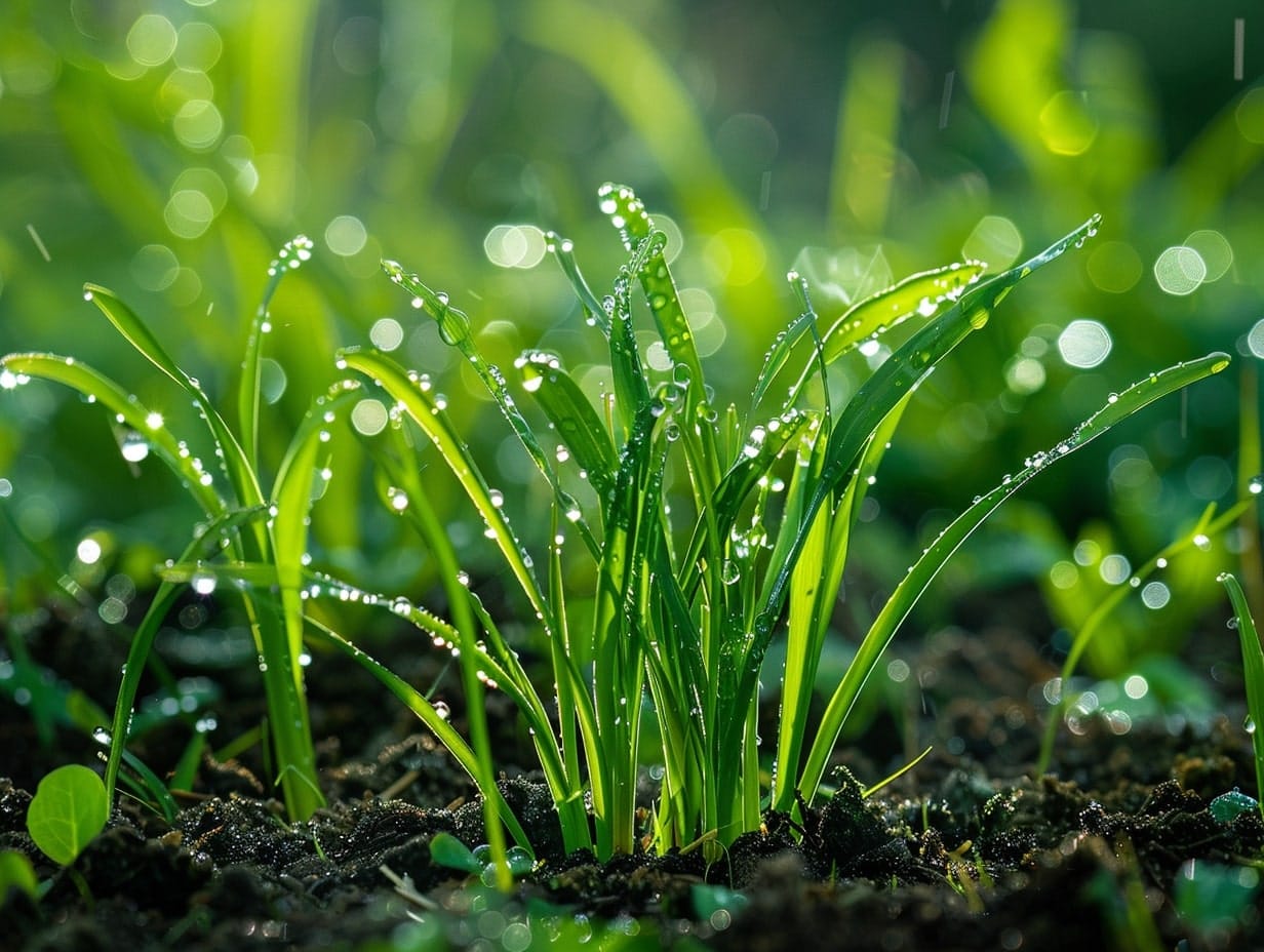 strands of grass with dew drops on them