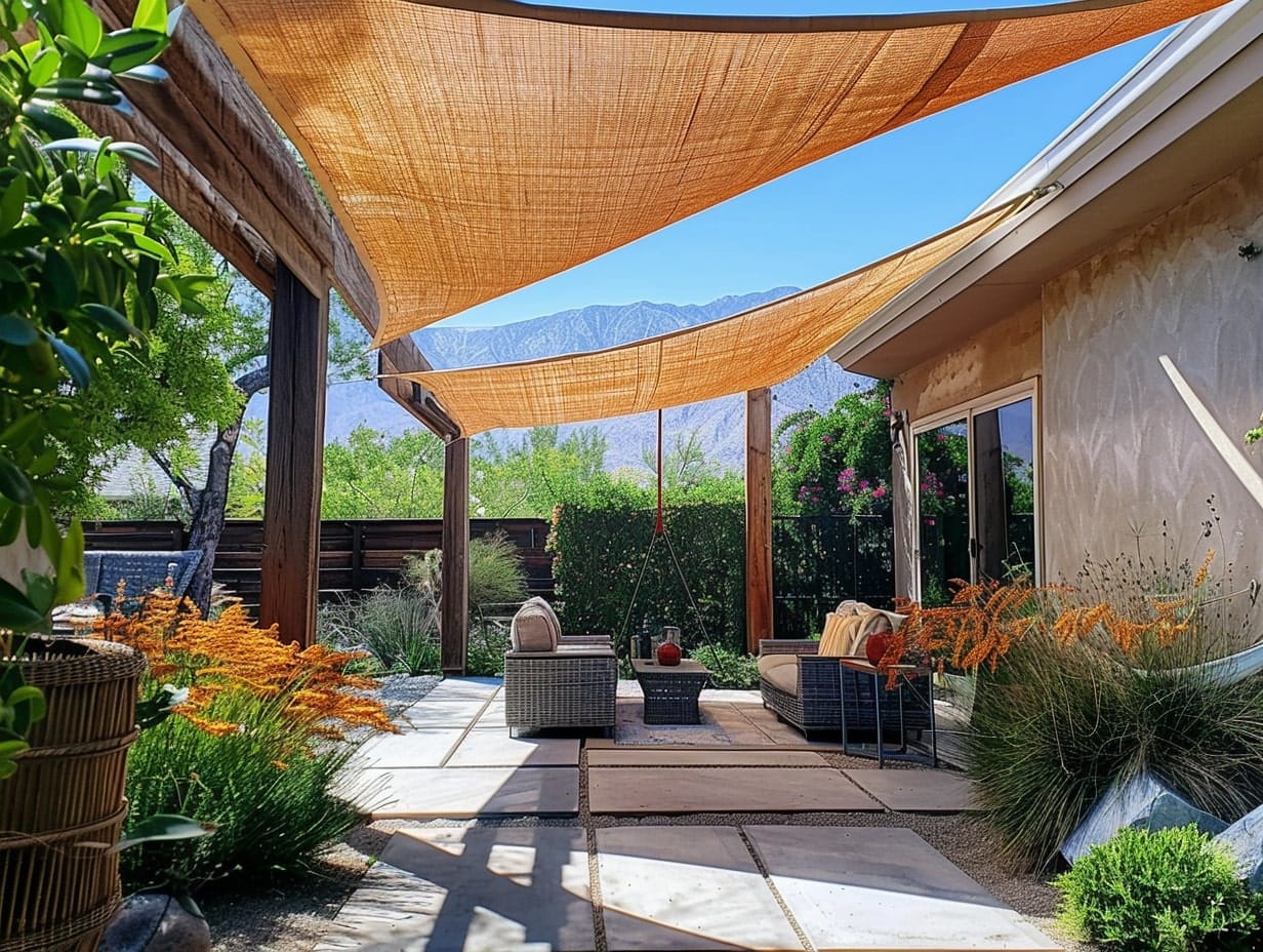 patio covered with a shade sail canopy