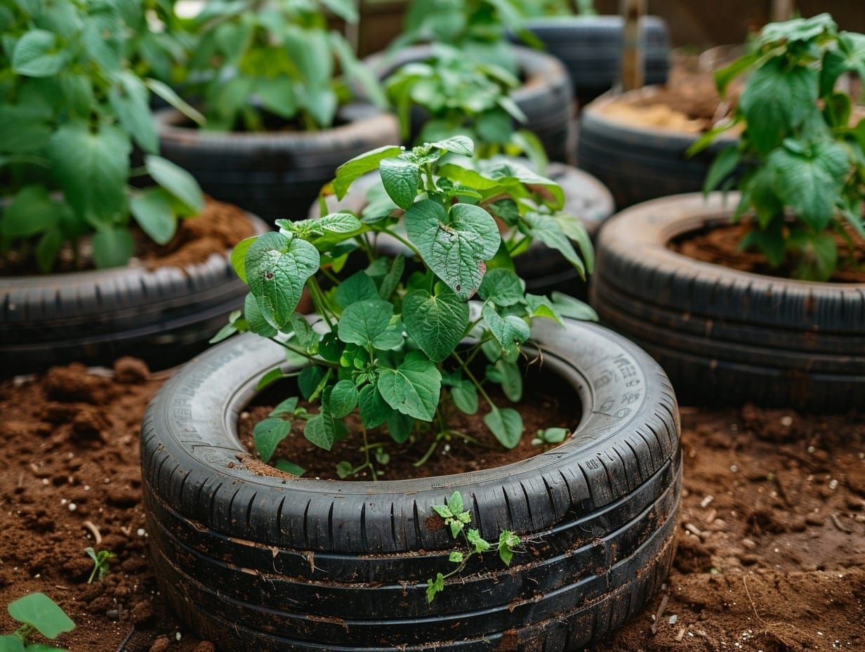 potatoes growing inside tires in a garden