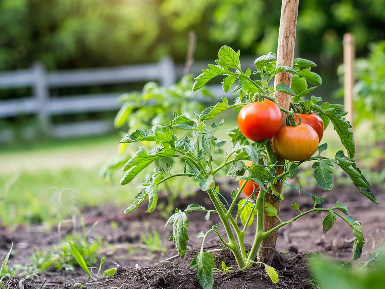 staked tomato plant in a garden