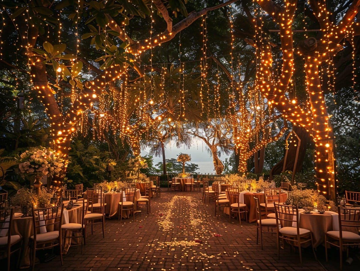 String Lights Around Trees for a Magical Outdoor Wedding Setup