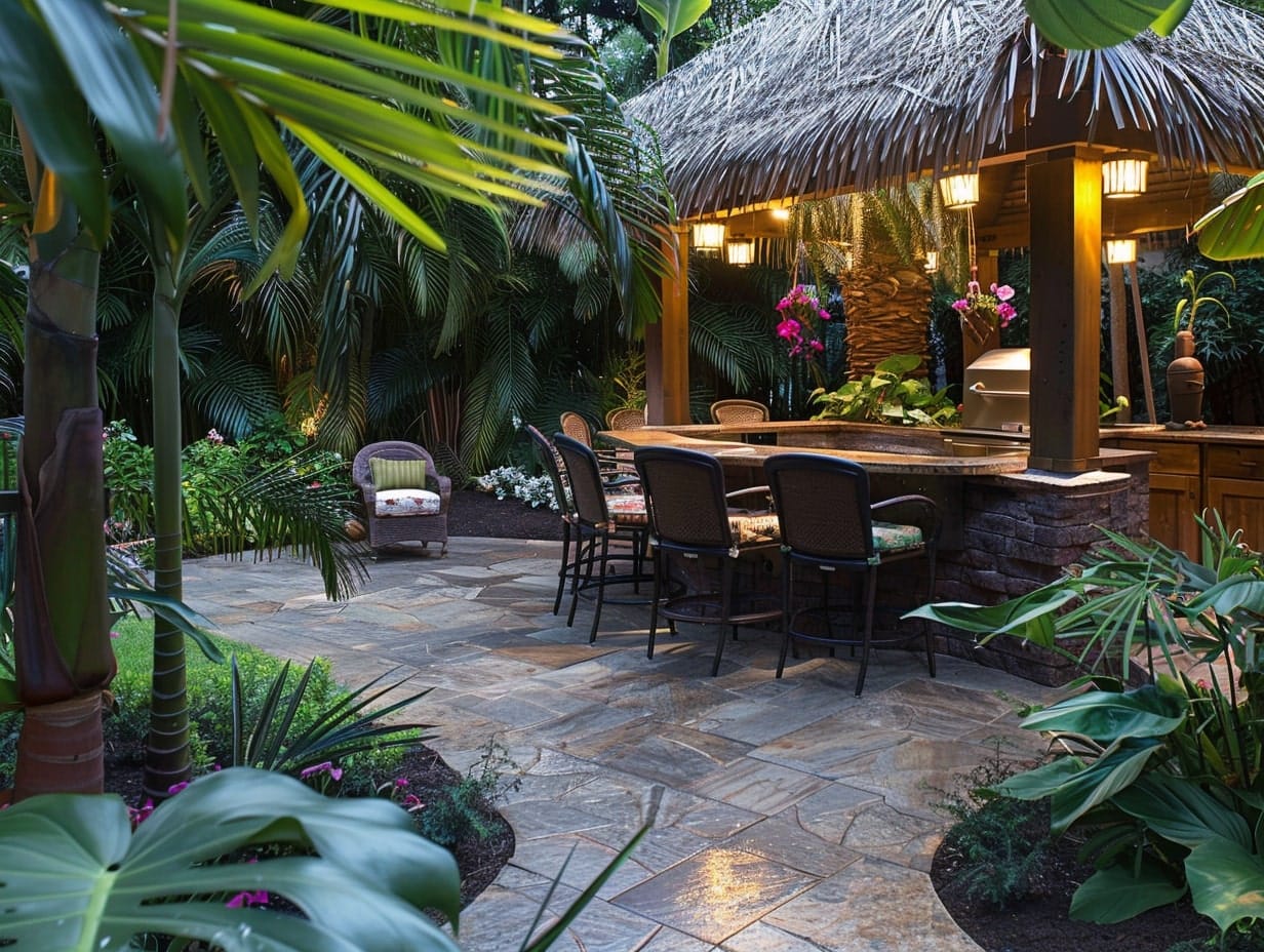 beautiful tropical themed backyard patio