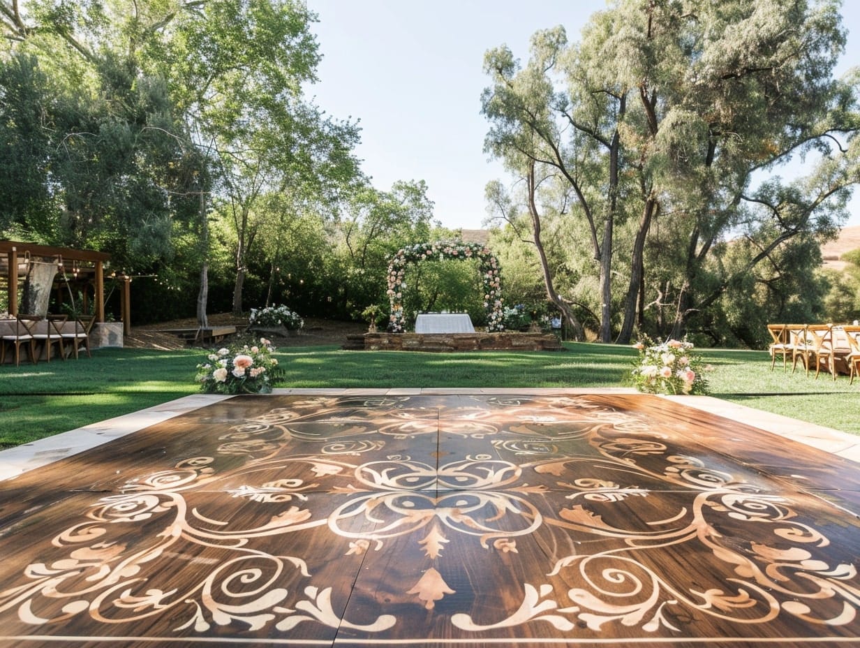 outdoor wedding dance floor with beautiful vinyl decals