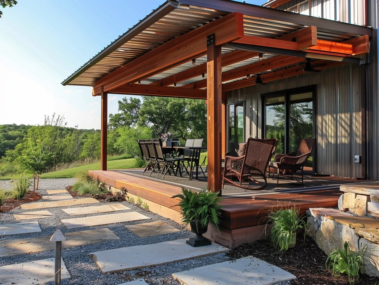 covered patio with a wood beam and corrugated metal roof