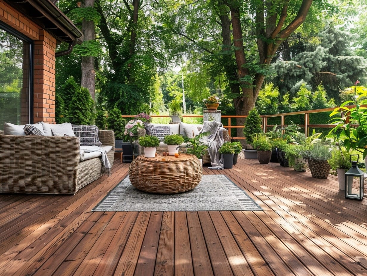 a wooden deck patio with furniture