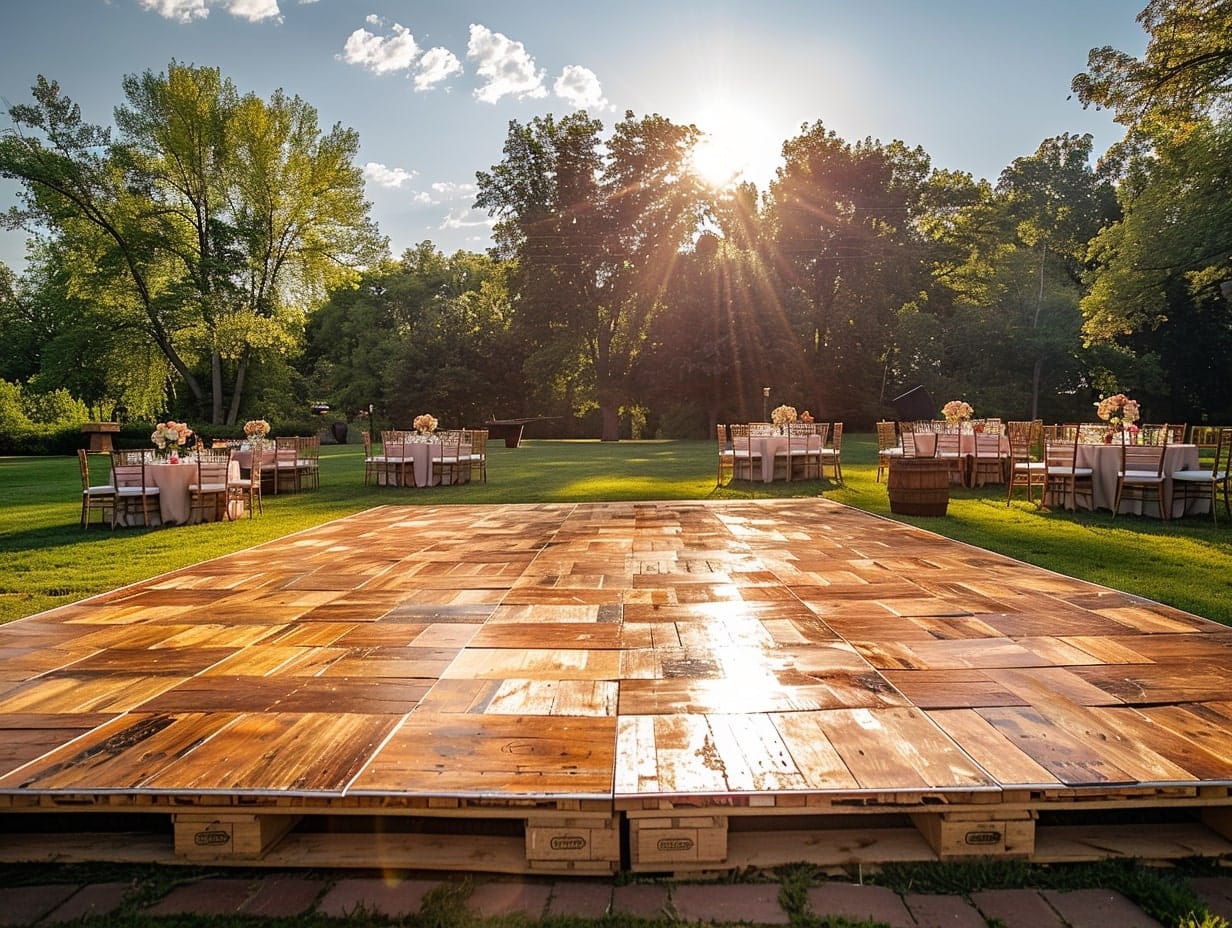 outdoor wedding dance floor made of wooden pellets