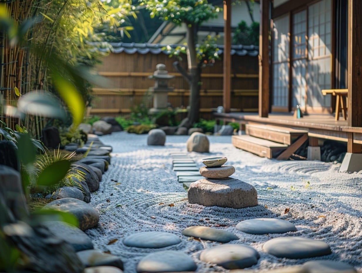 a backyard patio with a zen garden 