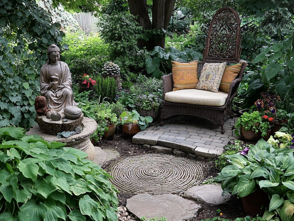 an artistic garden nook in a backyard garden