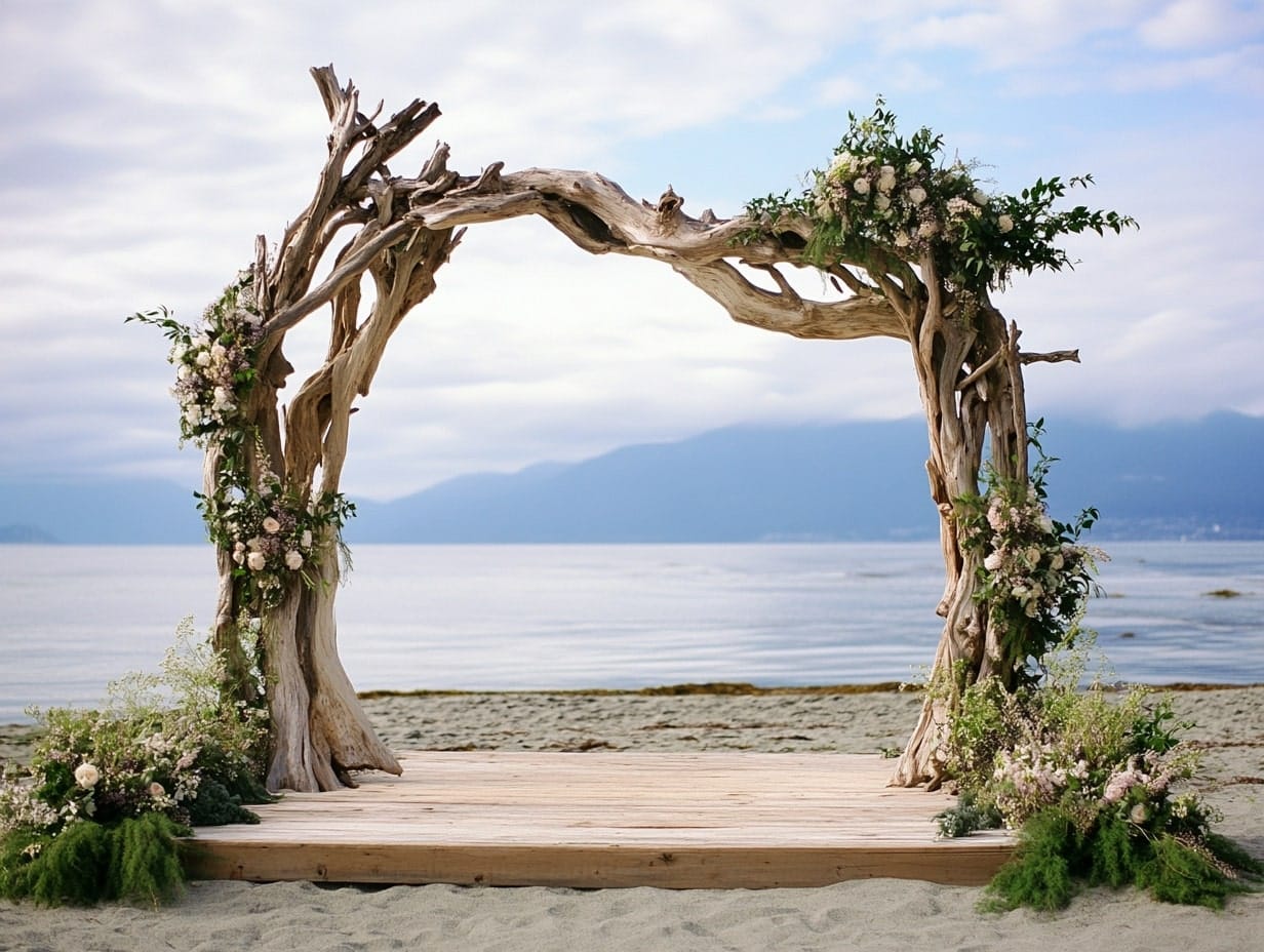 beachside driftwood wedding stage