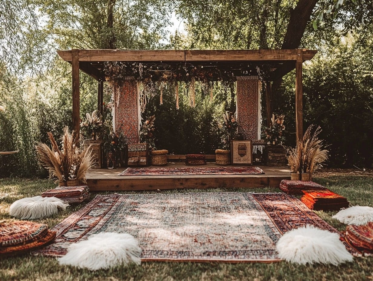 a boho-chic wedding stage with rugs