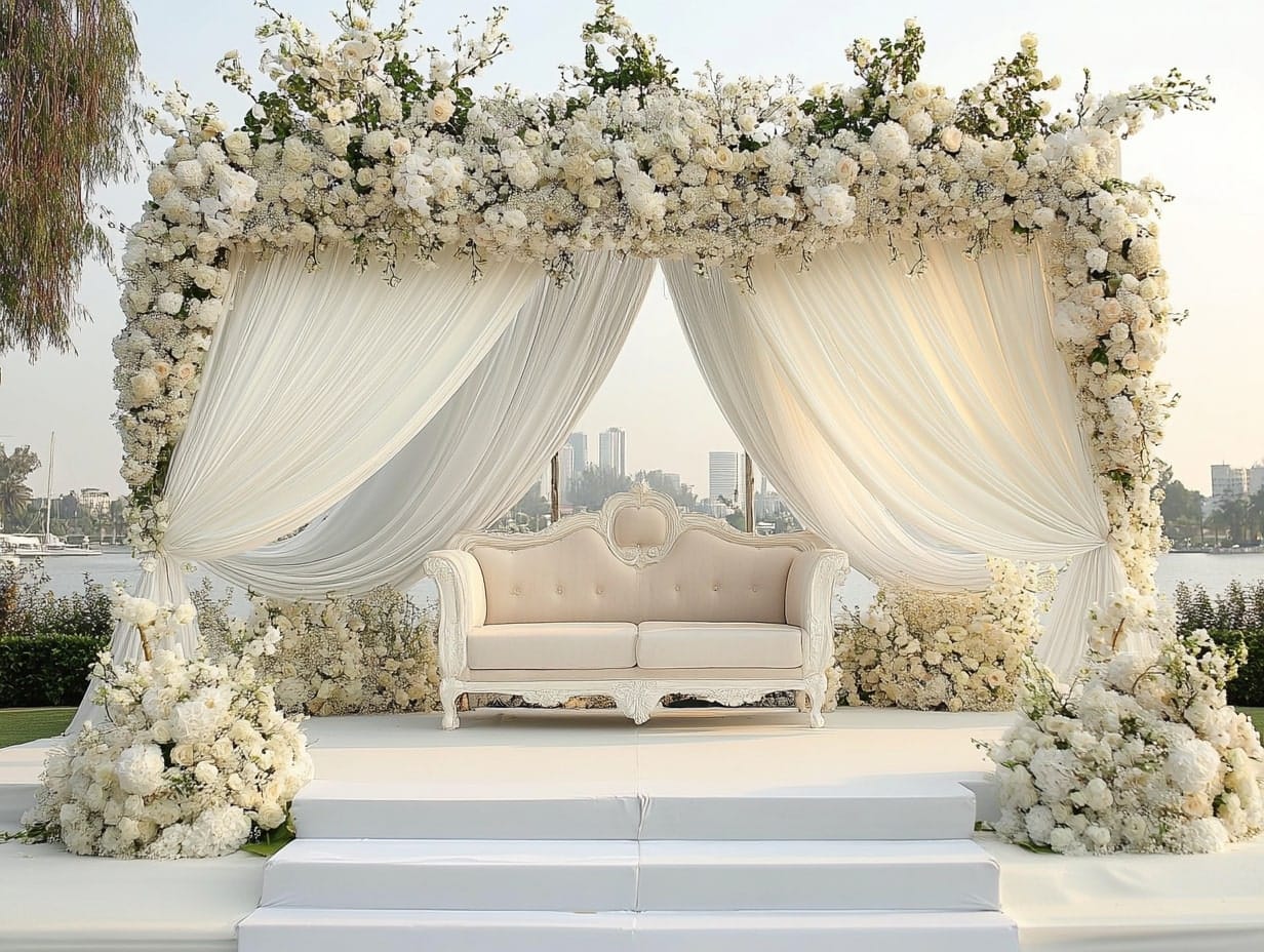 a classy white themed wedding stage