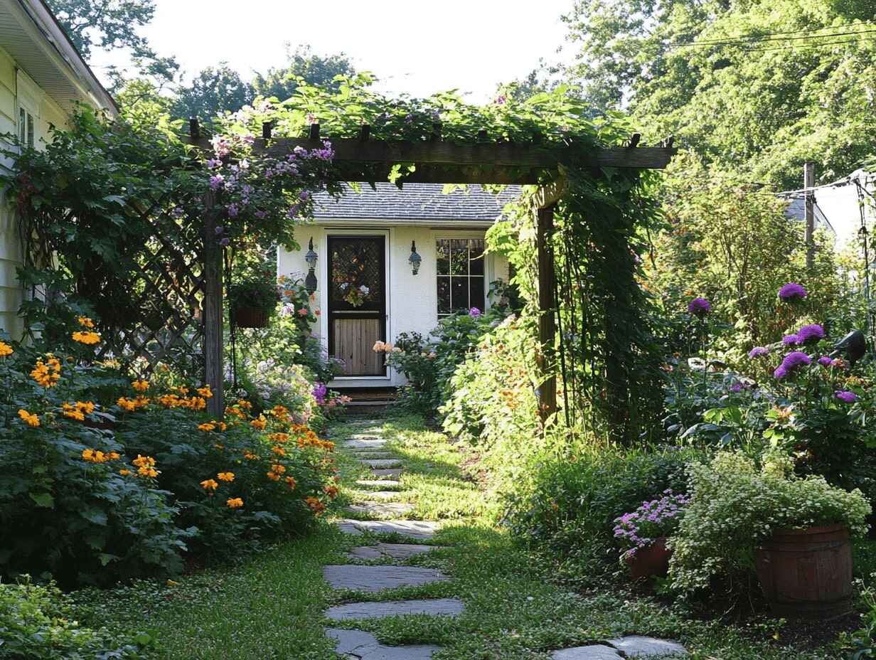 Climbing Plants on Arbors and Trellises in a cottage backyard