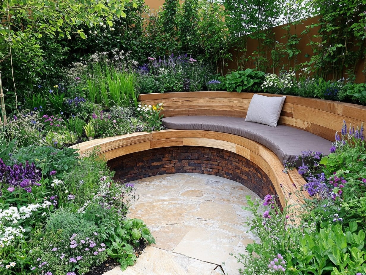 a corner bench nook with planters in a backyard garden