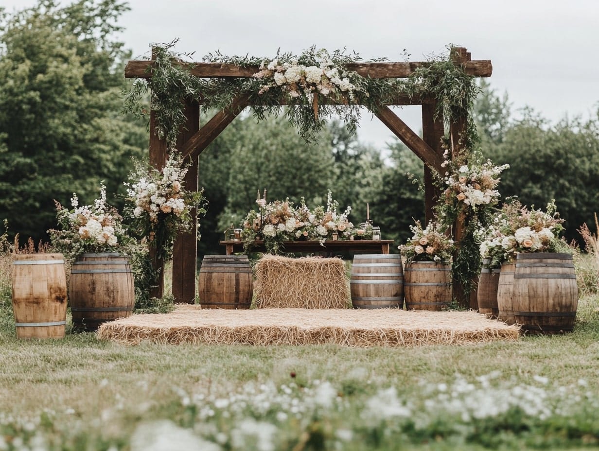 an outdoor wedding stage with countryside charm