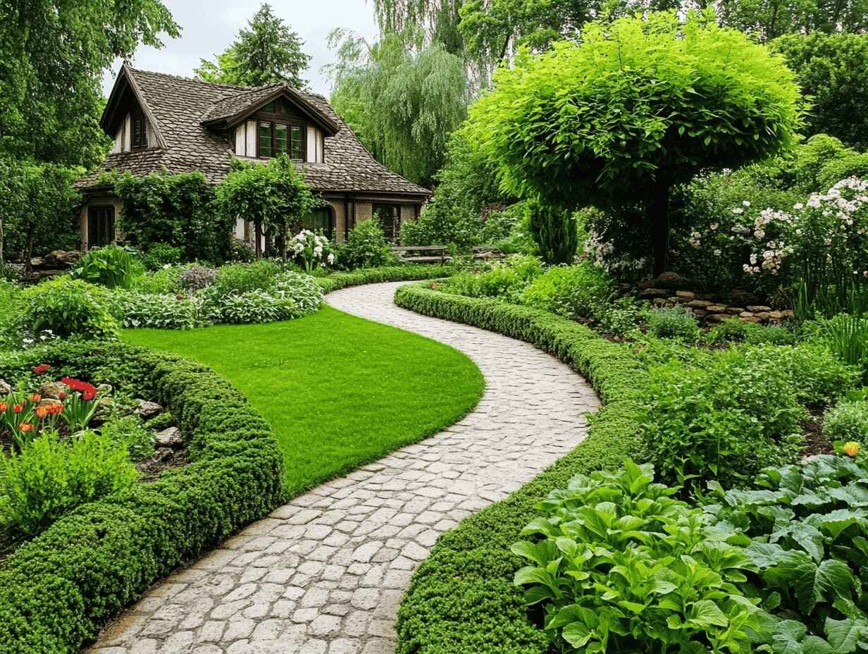 Curved Pathways with Lush Borders in a cottage backyard