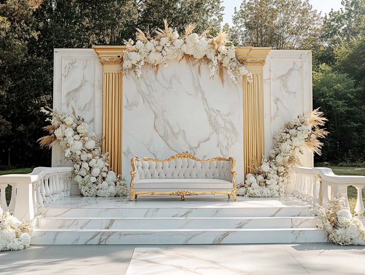 an elegant wedding stage made of marble with gold accents