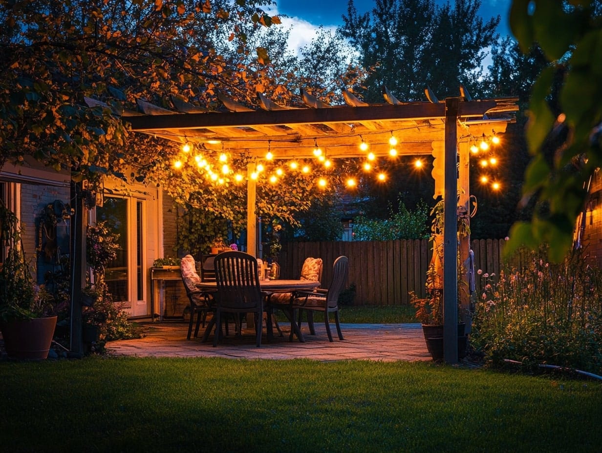 Festoon lights hanging from a pergola in a backyard