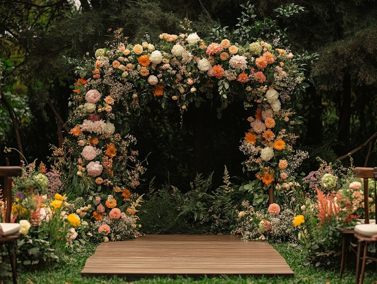 backyard floral arch wedding stage