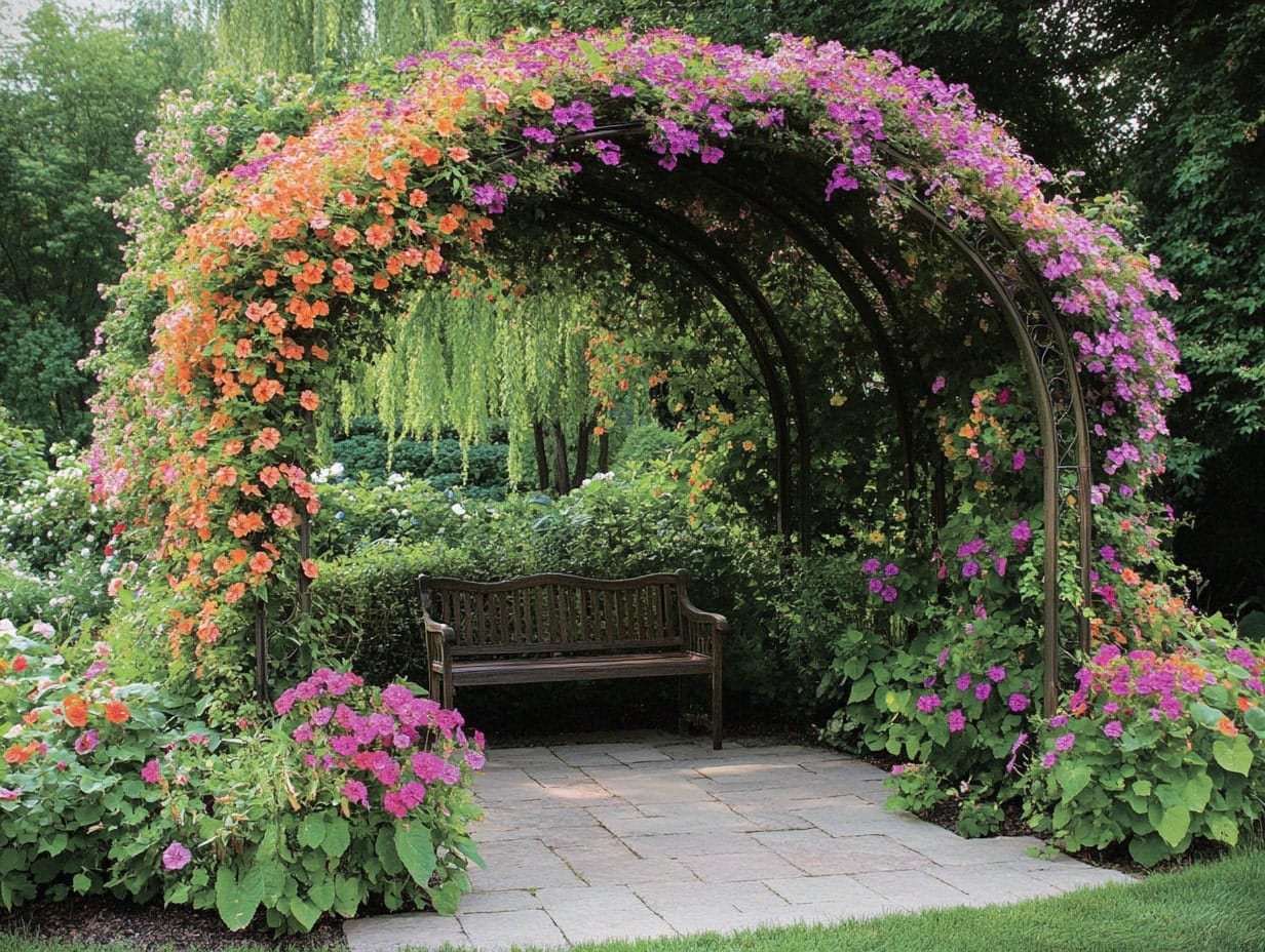 a flower canopy bench nook in a backyard garden