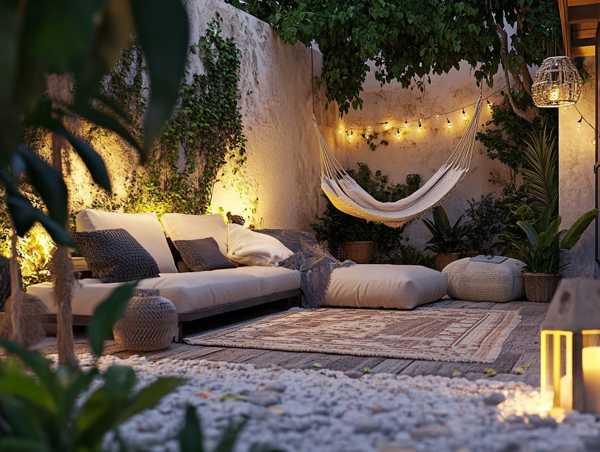 a garden lounge room in the backyard