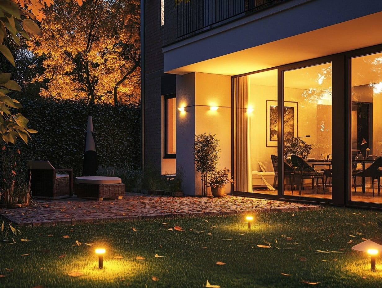 decorative garden stake lights in a backyard