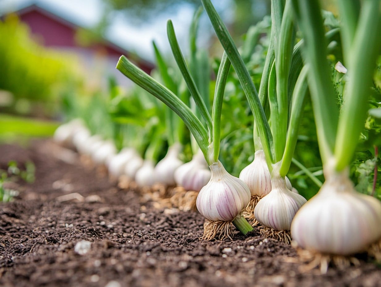 garlic growing in a garden