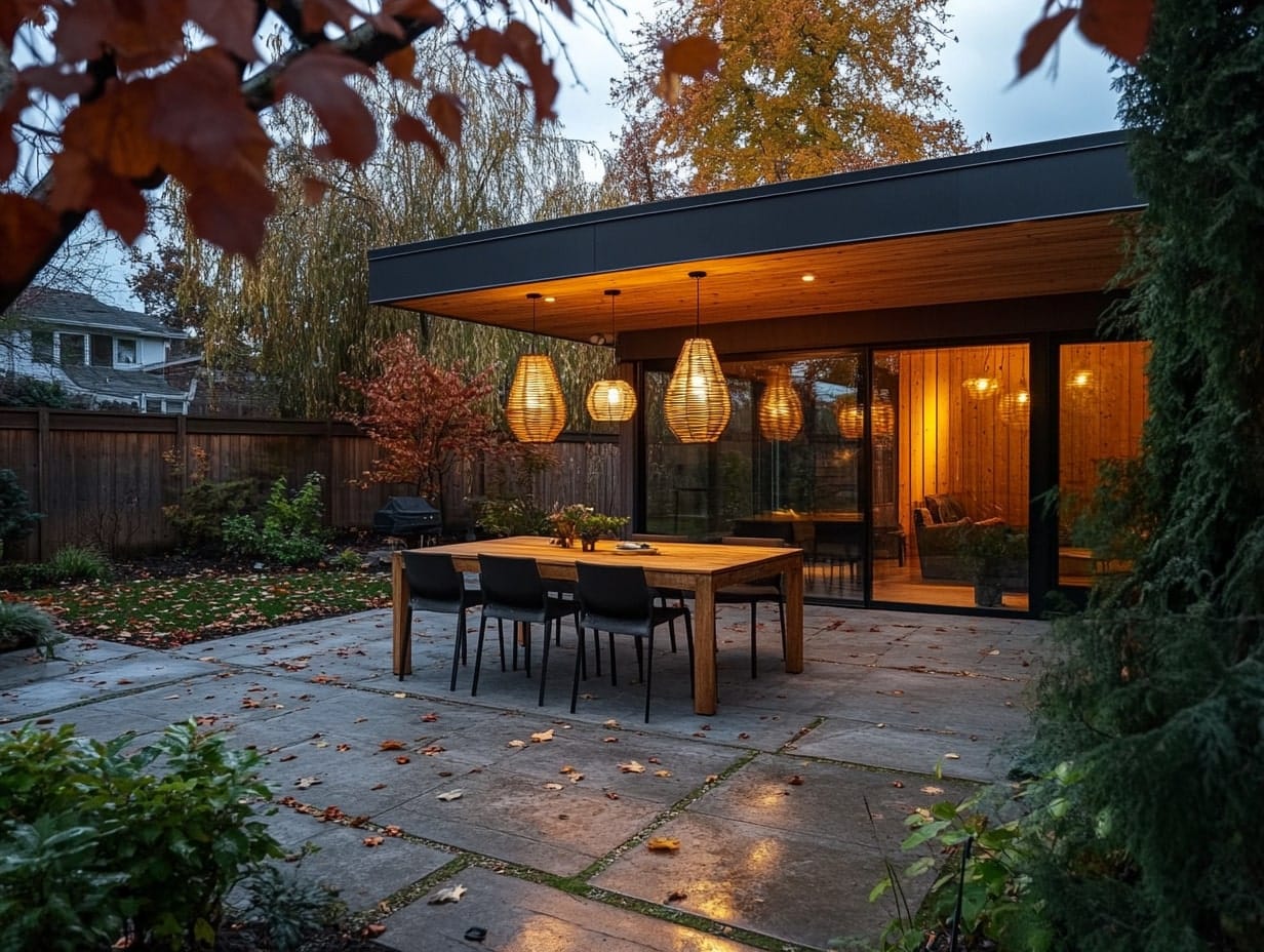 hanging pendant lights in a covered patio in a backyard