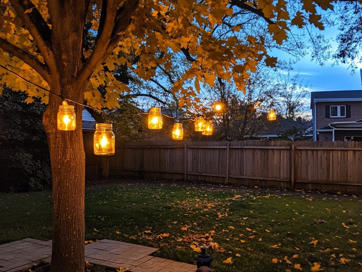 Mason Jar Lights in Trees in a backyard in autumn