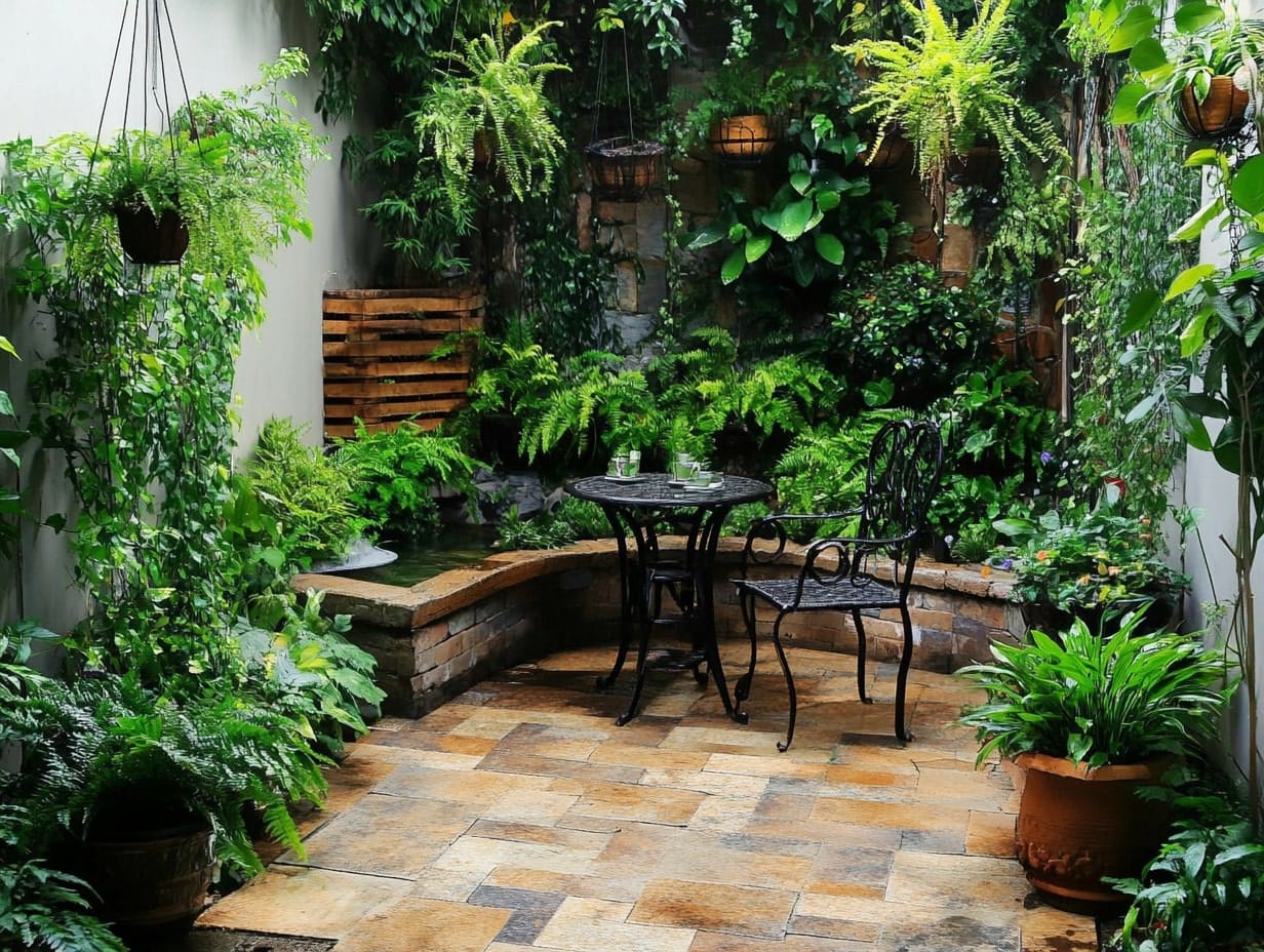 a miniature patio nook in a backyard garden