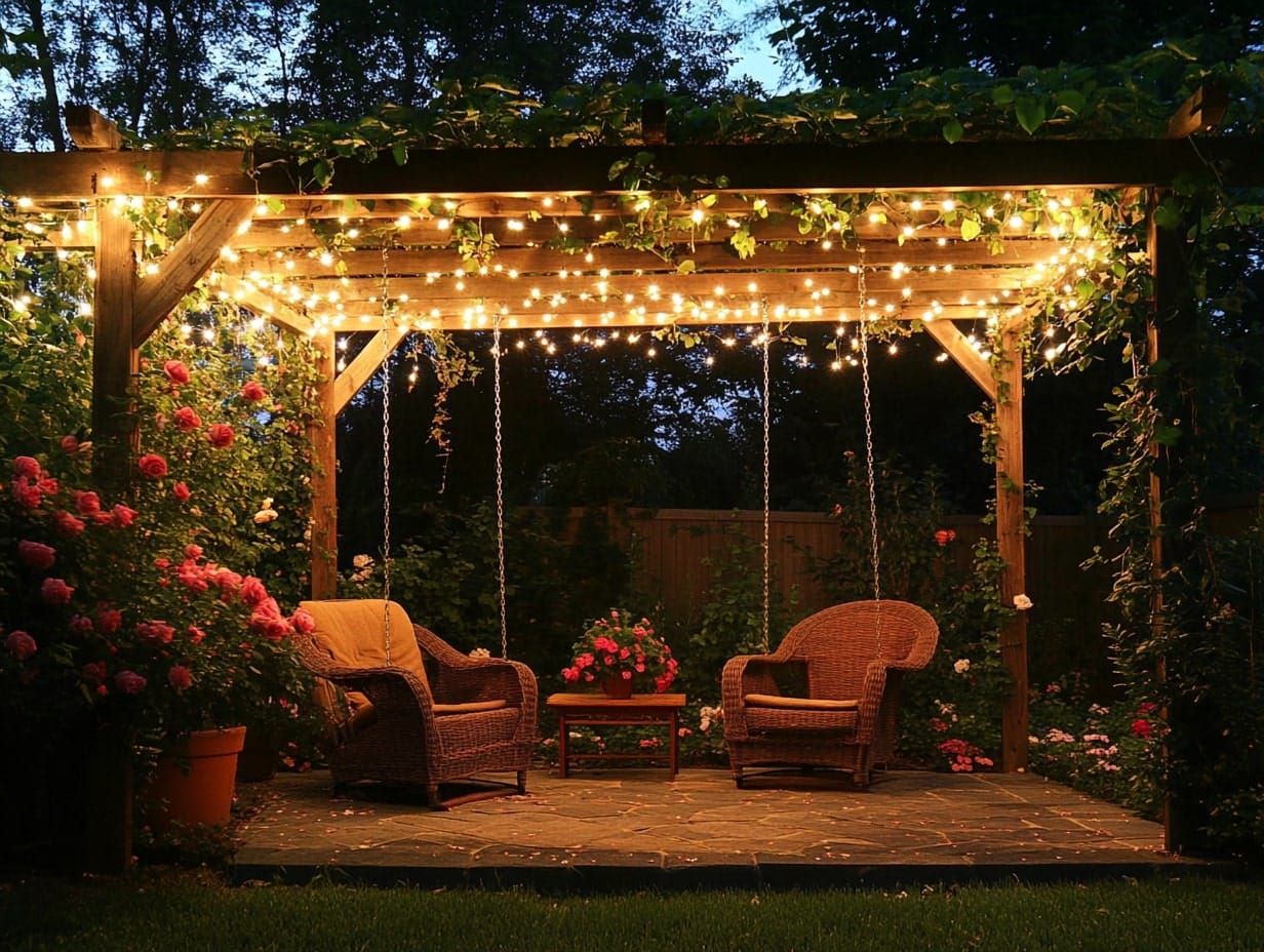 a nook with a pergola in a backyard garden with fairy lights