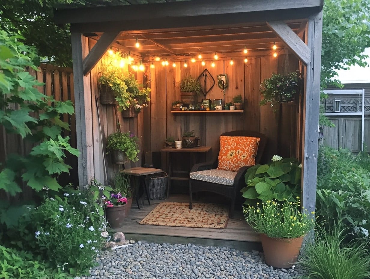 a potting shed nook in a backyard garden