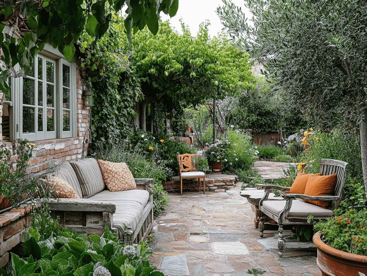 Quaint Garden Seating Areas in a cottage backyard garden