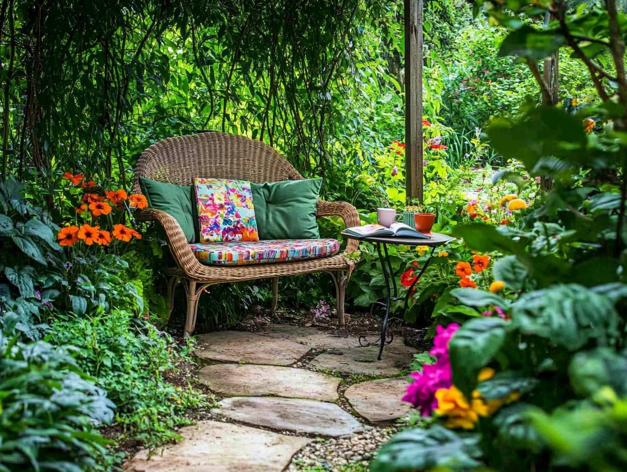 a reading bench nook in a backyard garden