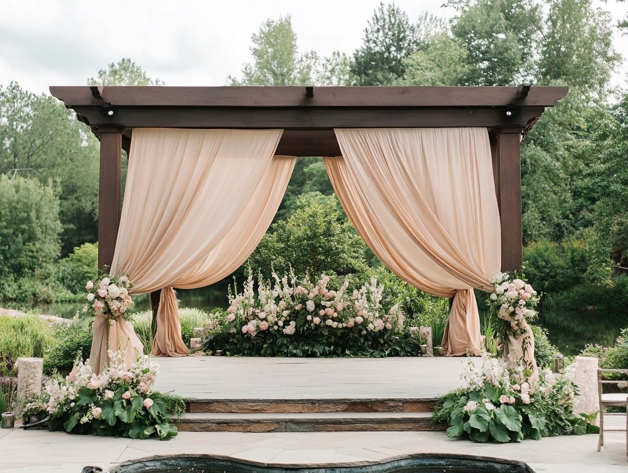 an outdoor wedding stage draped with fabric