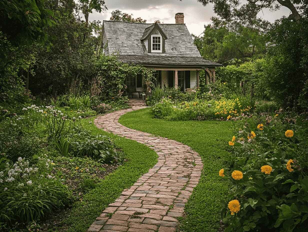 Rustic Stone or Brick Pathways in a cottage backyard