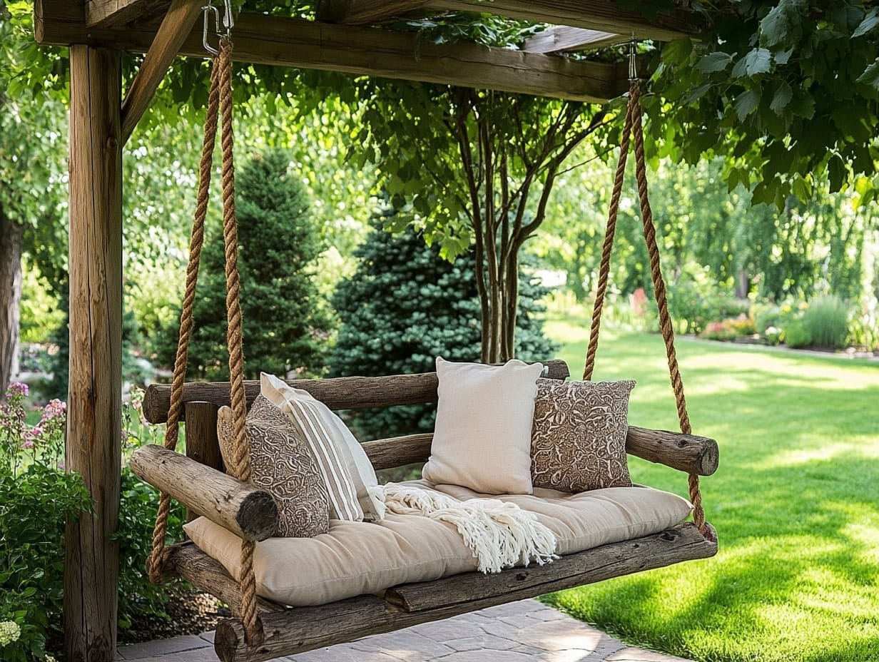 a rusting swing nook in a backyard garden